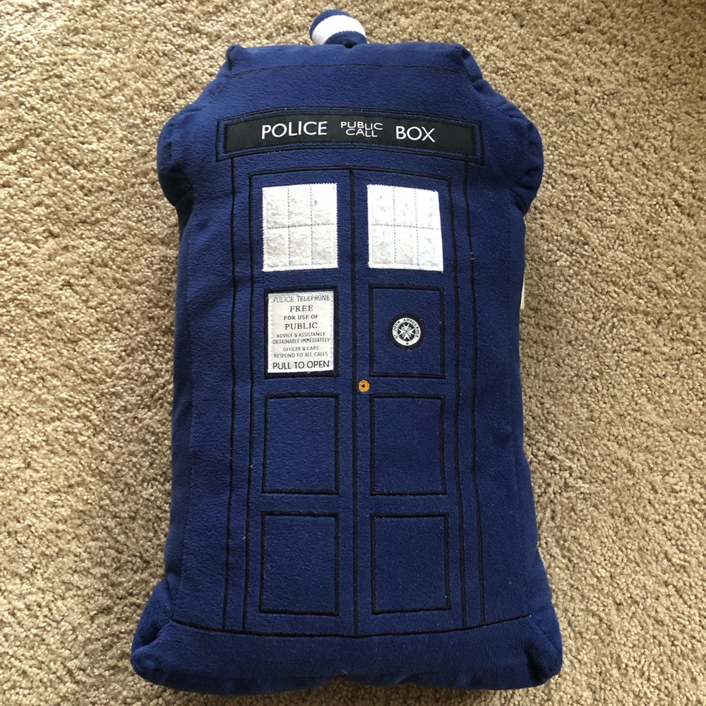 Doctor Who Tardis Phone Booth Plush Navy Blue Pillow 22 Inches